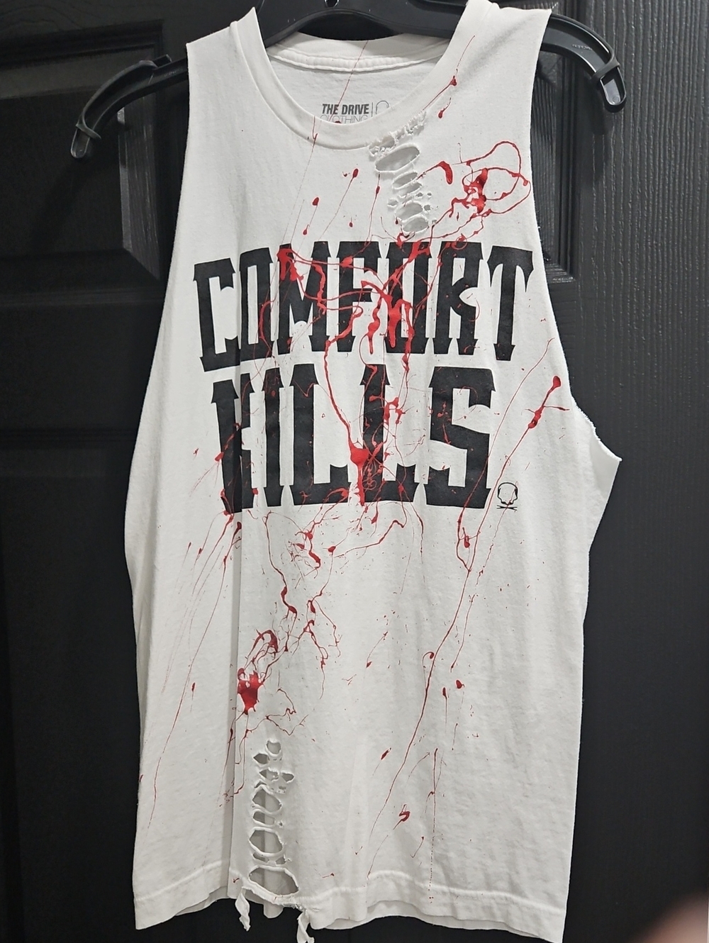 White 'Comfort Kills' Distressed Muscle Tank with Red Splatter